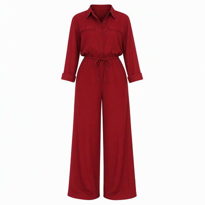 Combinaison femme unicolore à col revers et style chemise, avec lien à la taille pour une tenue décontractée de bureau