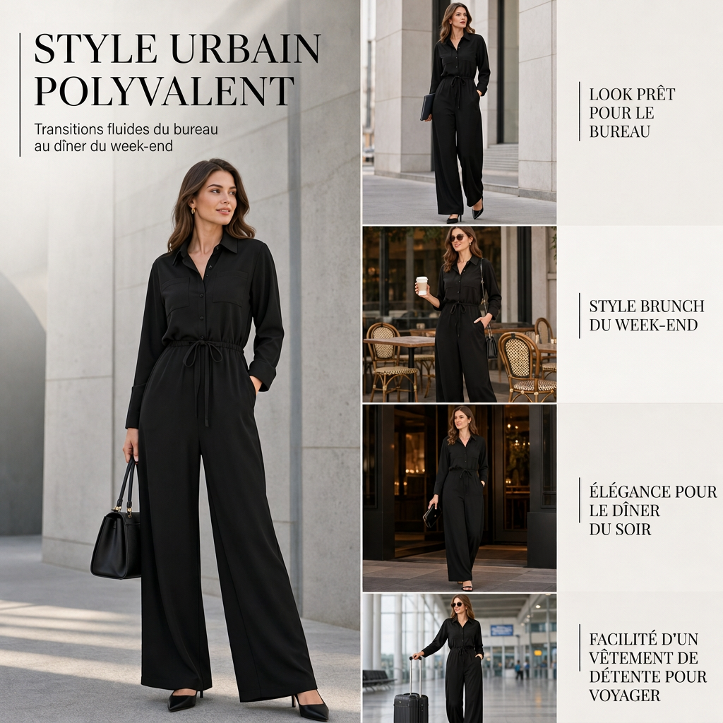 Combinaison femme unicolore à col revers et style chemise, avec lien à la taille pour une tenue décontractée de bureau