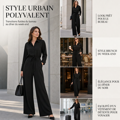 Combinaison femme unicolore à col revers et style chemise, avec lien à la taille pour une tenue décontractée de bureau