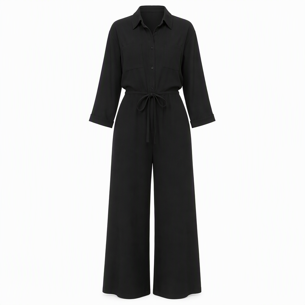 Combinaison femme unicolore à col revers et style chemise, avec lien à la taille pour une tenue décontractée de bureau