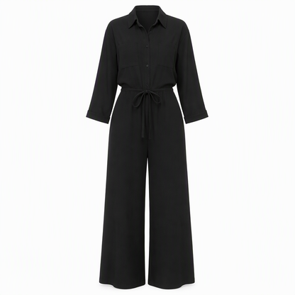 Combinaison femme unicolore à col revers et style chemise, avec lien à la taille pour une tenue décontractée de bureau