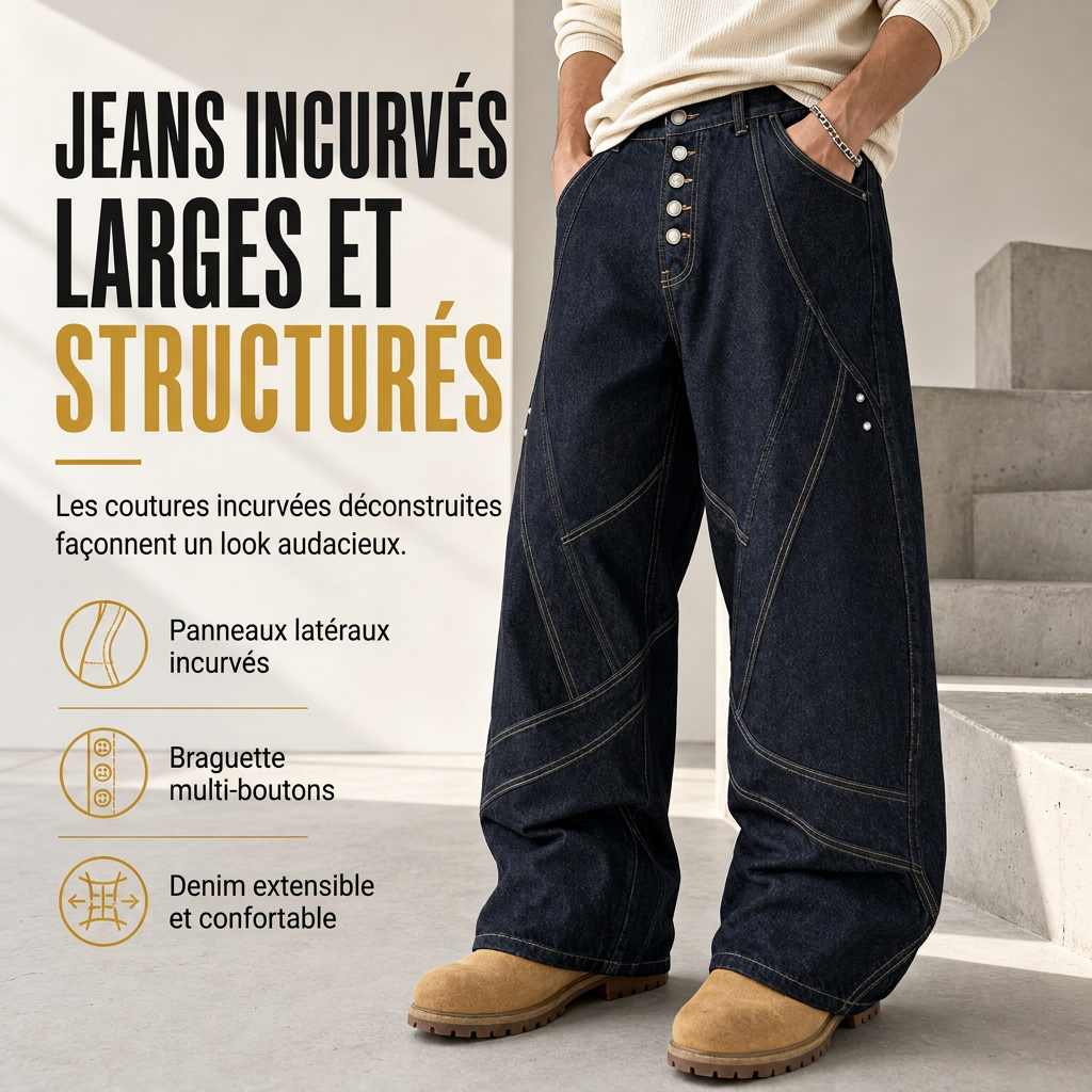 Jeans large à jambes courbes déconstruits en denim brut de style American Vintage pour homme, avec boutonnage