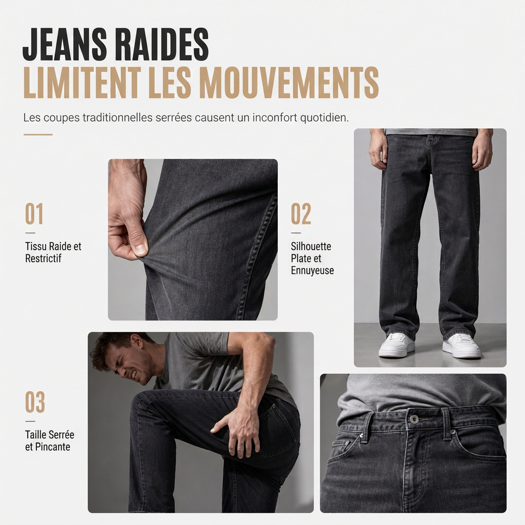 Jeans large à jambes courbes déconstruits en denim brut de style American Vintage pour homme, avec boutonnage