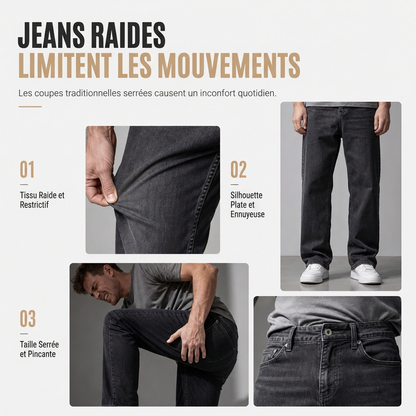 Jeans large à jambes courbes déconstruits en denim brut de style American Vintage pour homme, avec boutonnage