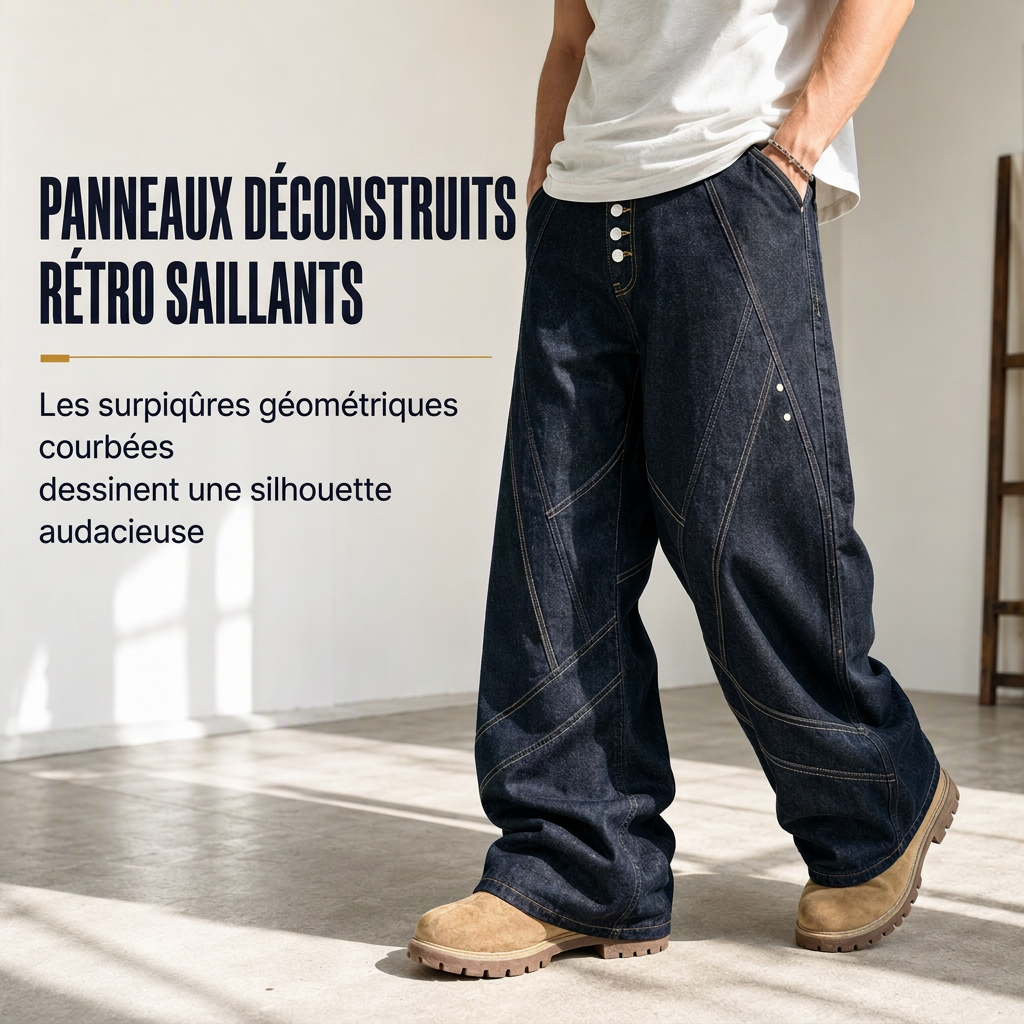 Jeans large à jambes courbes déconstruits en denim brut de style American Vintage pour homme, avec boutonnage