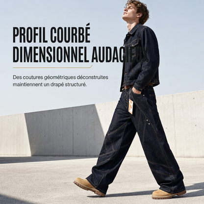 Jeans large à jambes courbes déconstruits en denim brut de style American Vintage pour homme, avec boutonnage