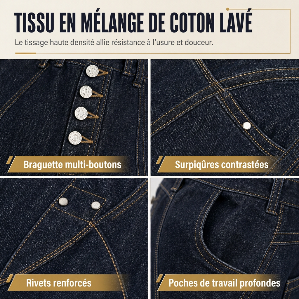 Jeans large à jambes courbes déconstruits en denim brut de style American Vintage pour homme, avec boutonnage