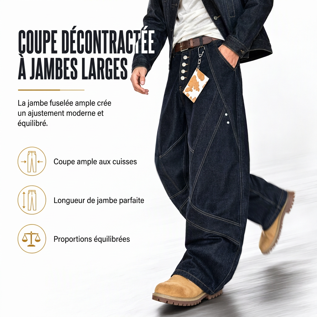 Jeans large à jambes courbes déconstruits en denim brut de style American Vintage pour homme, avec boutonnage