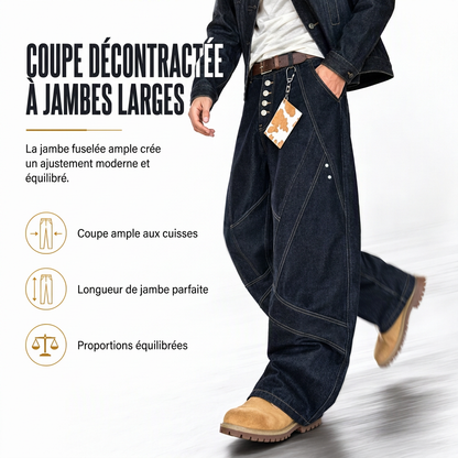 Jeans large à jambes courbes déconstruits en denim brut de style American Vintage pour homme, avec boutonnage