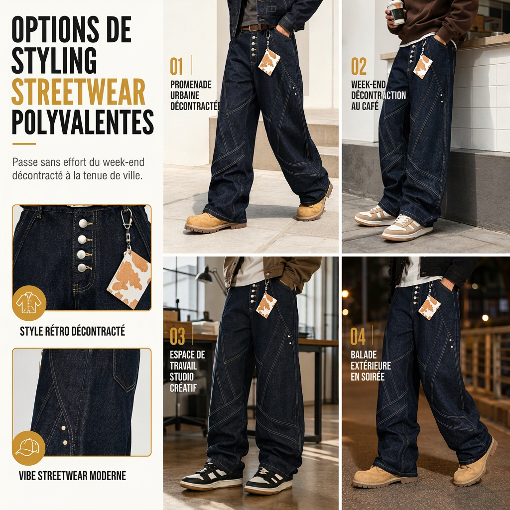 Jeans large à jambes courbes déconstruits en denim brut de style American Vintage pour homme, avec boutonnage