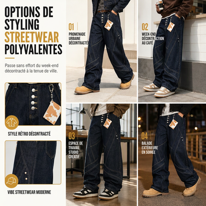 Jeans large à jambes courbes déconstruits en denim brut de style American Vintage pour homme, avec boutonnage