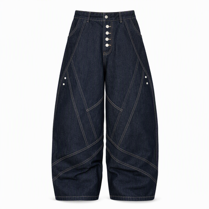 Jeans large à jambes courbes déconstruits en denim brut de style American Vintage pour homme, avec boutonnage