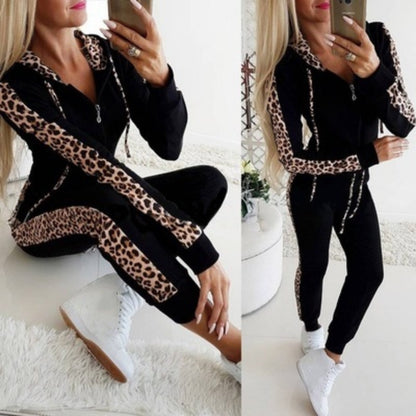 Ensemble femme sweat à manches longues imprimé léopard avec fermeture éclair et pantalon