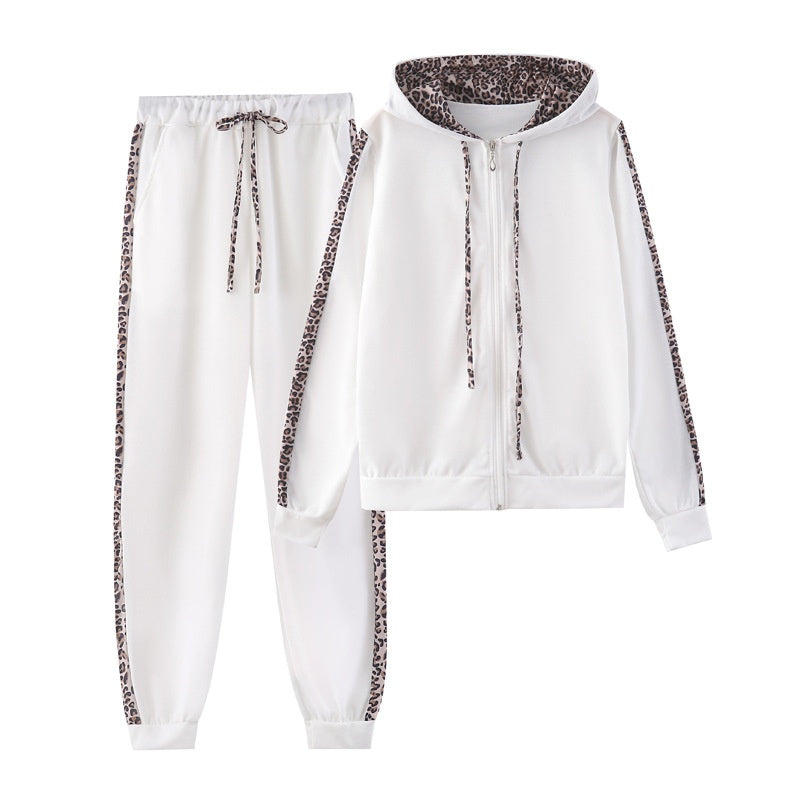 Ensemble femme sweat à manches longues imprimé léopard avec fermeture éclair et pantalon
