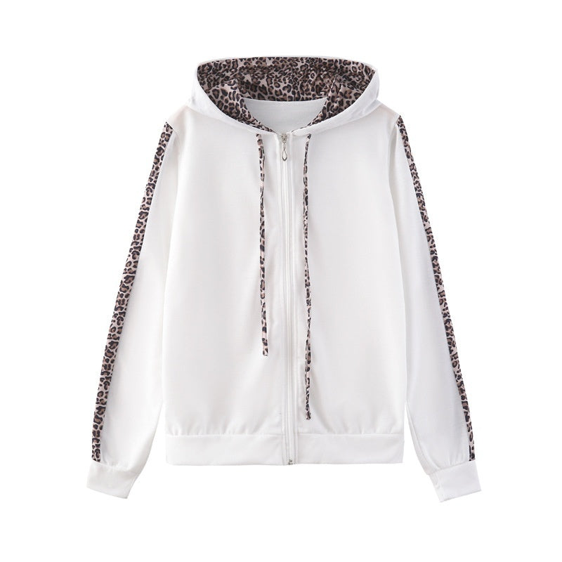 Ensemble femme sweat à manches longues imprimé léopard avec fermeture éclair et pantalon