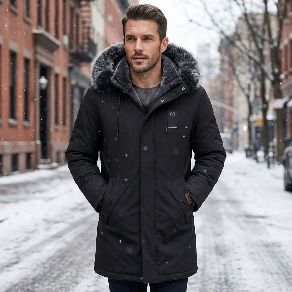 Parka mi-longue thermique à capuche et coupe-vent pour homme