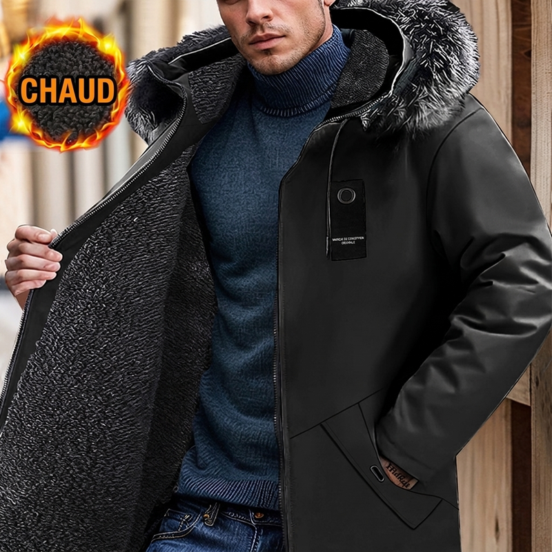 Parka mi-longue thermique à capuche et coupe-vent pour homme