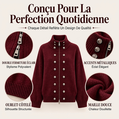 Cardigan en tricot à col montant et double boutonnage pour femmes