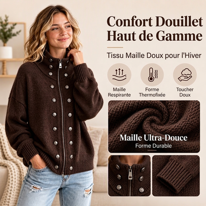 Cardigan en tricot à col montant et double boutonnage pour femmes