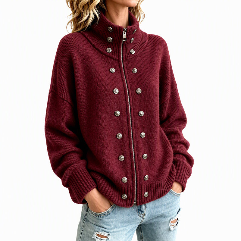 Cardigan en tricot à col montant et double boutonnage pour femmes