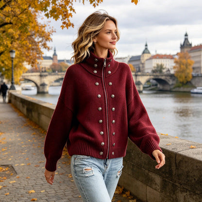Cardigan en tricot à col montant et double boutonnage pour femmes