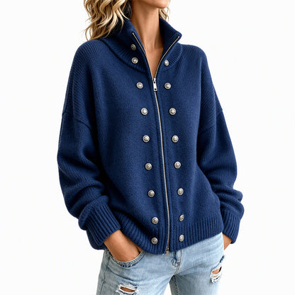 Cardigan en tricot à col montant et double boutonnage pour femmes