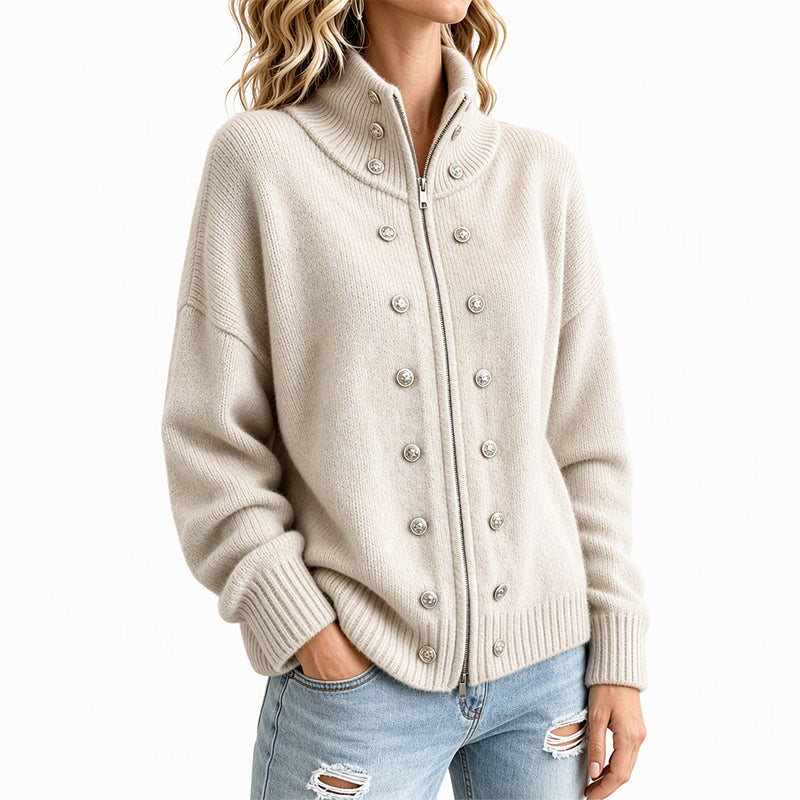 Cardigan en tricot à col montant et double boutonnage pour femmes