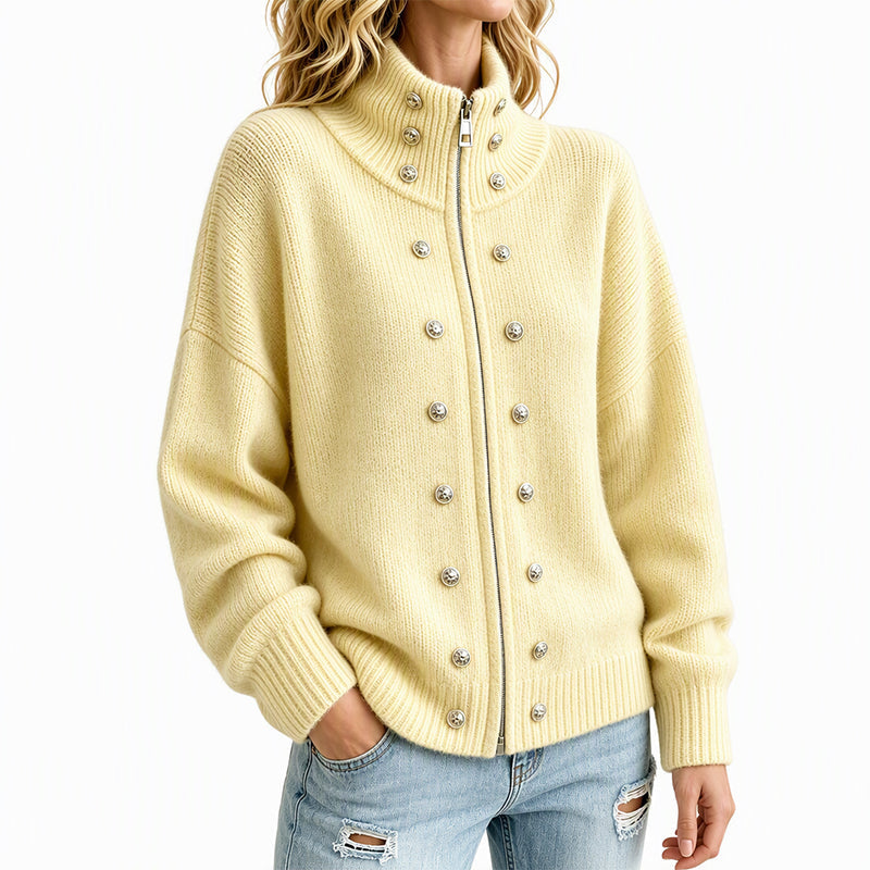 Cardigan en tricot à col montant et double boutonnage pour femmes