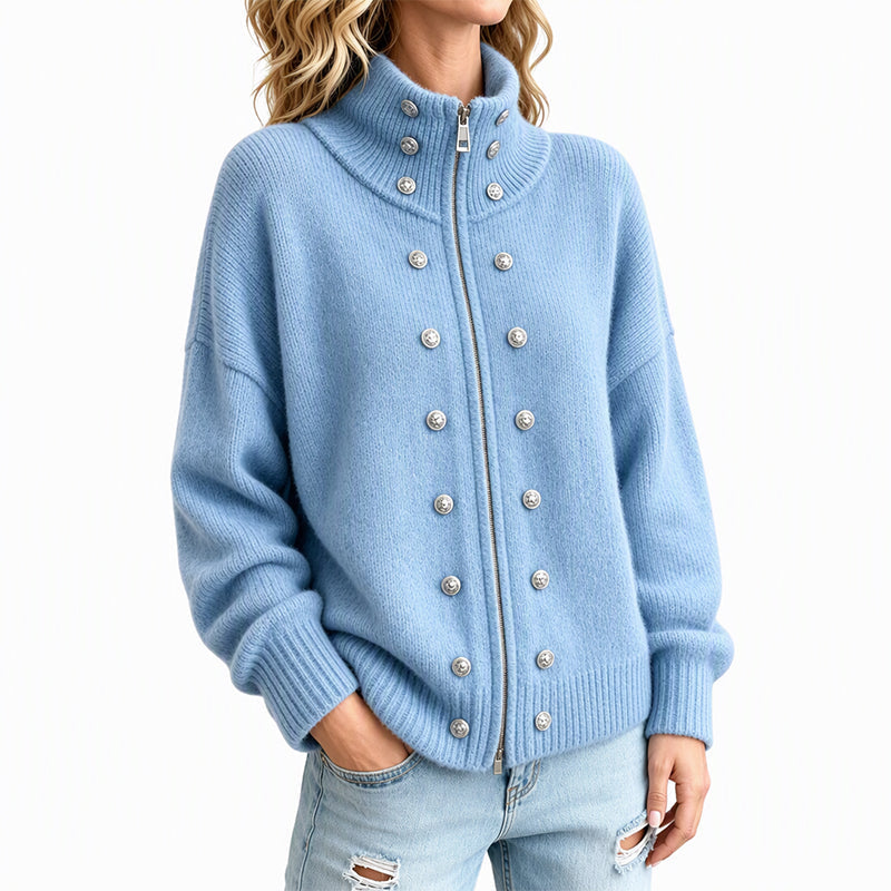 Cardigan en tricot à col montant et double boutonnage pour femmes