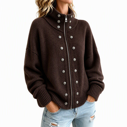 Cardigan en tricot à col montant et double boutonnage pour femmes