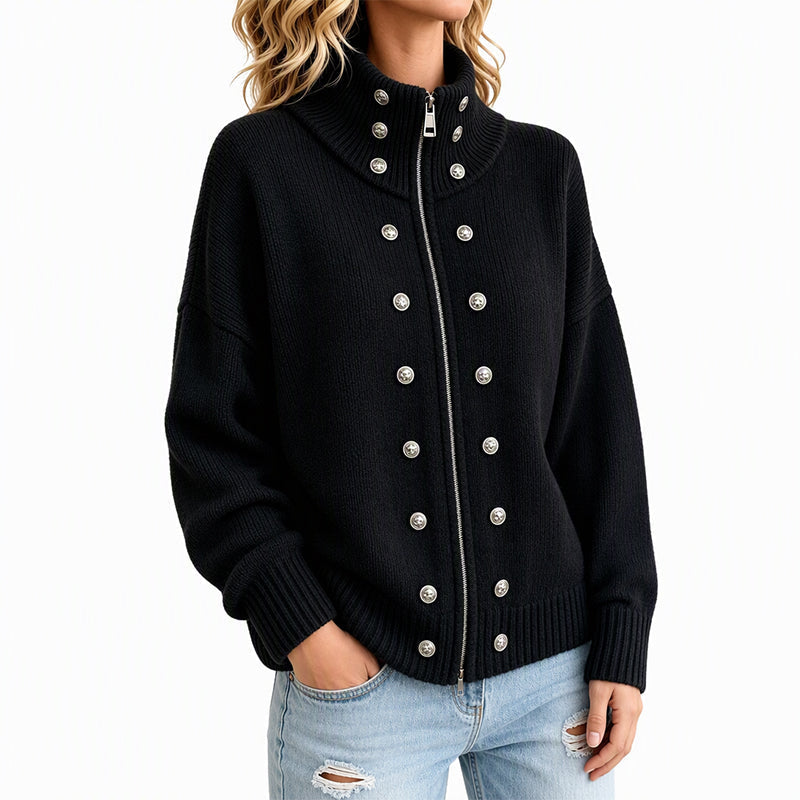 Cardigan en tricot à col montant et double boutonnage pour femmes