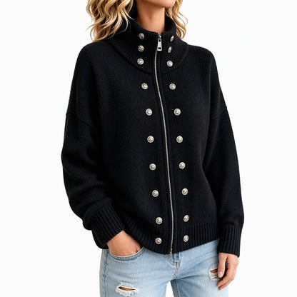 Cardigan en tricot à col montant et double boutonnage pour femmes