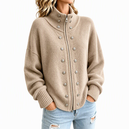 Cardigan en tricot à col montant et double boutonnage pour femmes