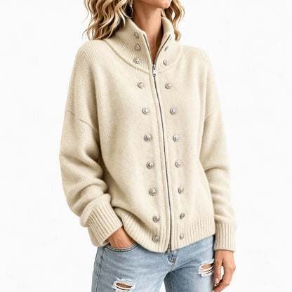 Cardigan en tricot à col montant et double boutonnage pour femmes