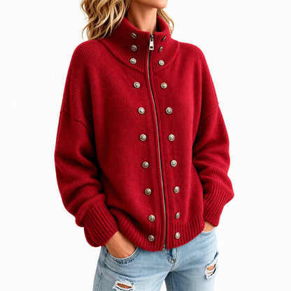 Cardigan en tricot à col montant et double boutonnage pour femmes