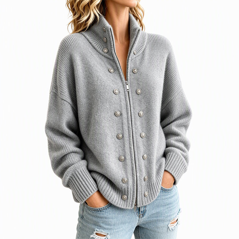 Cardigan en tricot à col montant et double boutonnage pour femmes