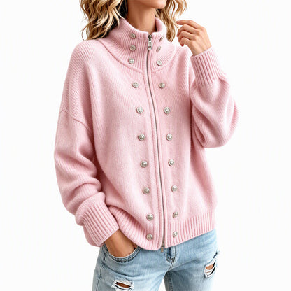Cardigan en tricot à col montant et double boutonnage pour femmes