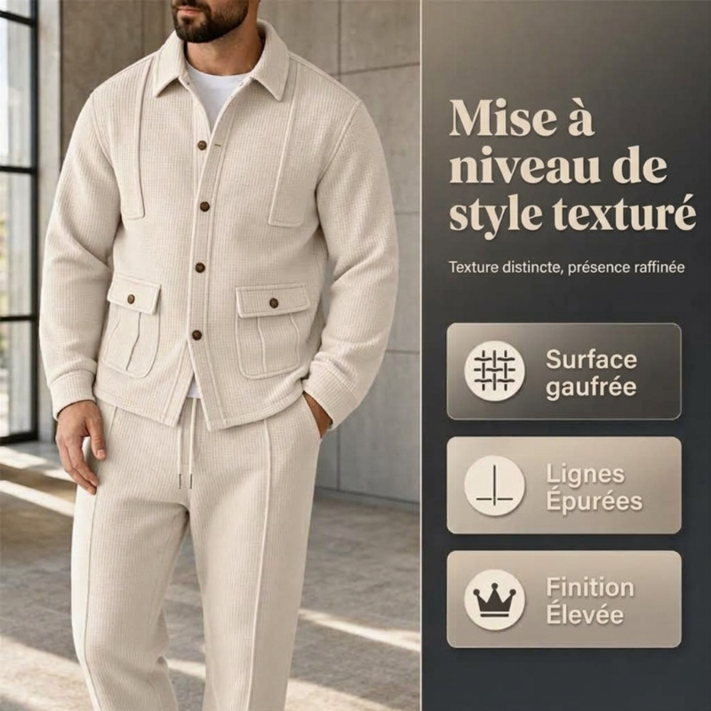 Ensemble veste cardigan en maille gaufrée et pantalon pour homme