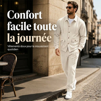 Ensemble veste cardigan en maille gaufrée et pantalon pour homme