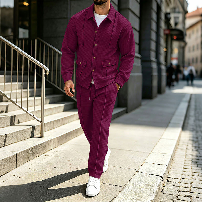 Ensemble veste cardigan en maille gaufrée et pantalon pour homme