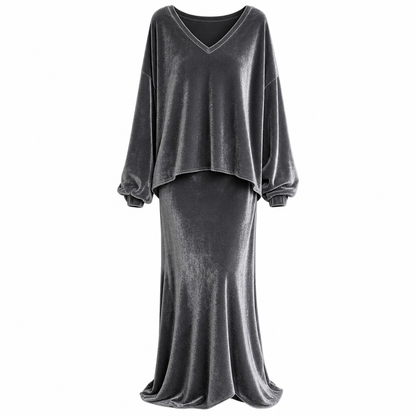 Ensemble deux pièces en velours de couleur unie pour femme, avec sweat à col V profond et coupe ample et jupe longue évasée