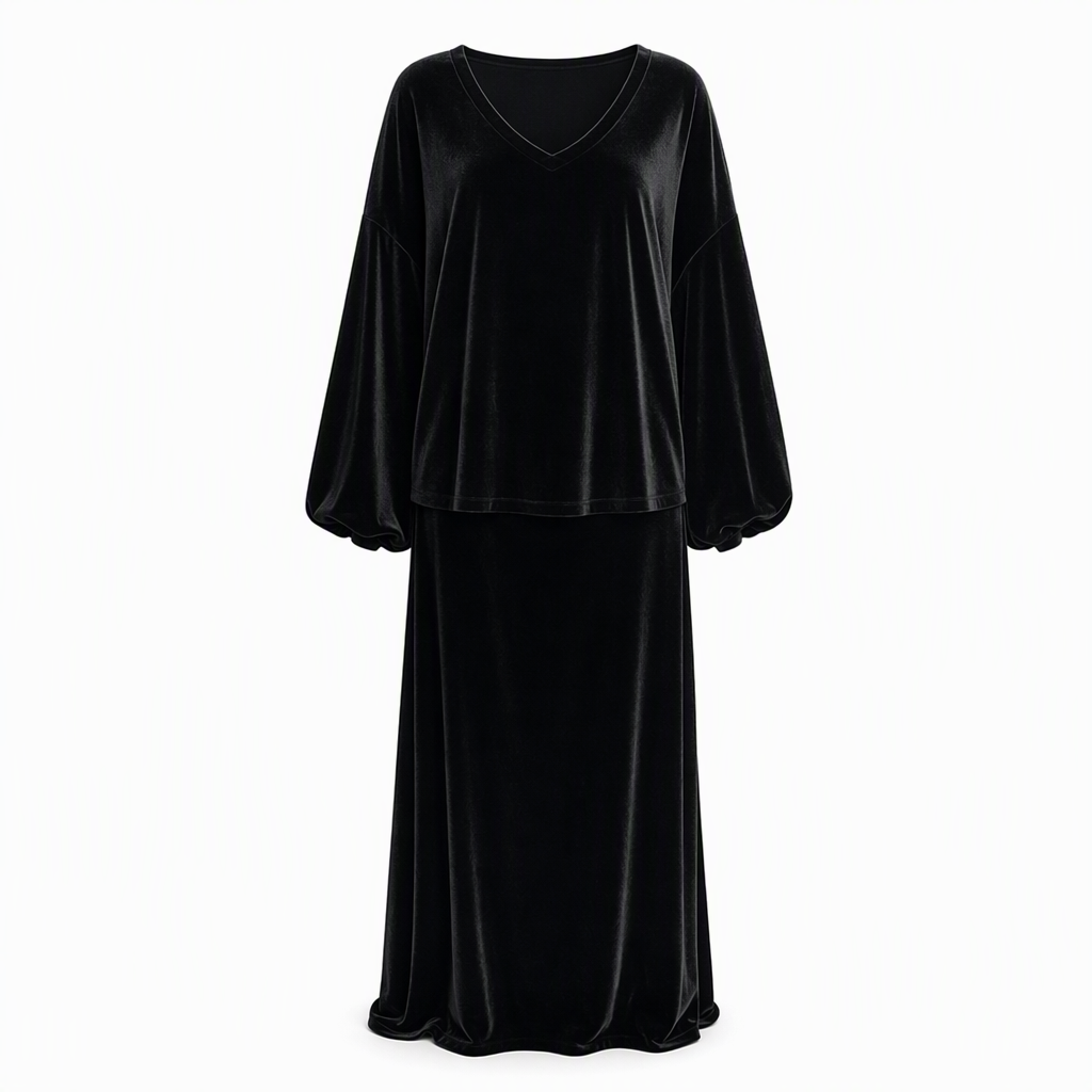 Ensemble deux pièces en velours de couleur unie pour femme, avec sweat à col V profond et coupe ample et jupe longue évasée