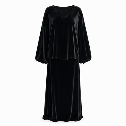 Ensemble deux pièces en velours de couleur unie pour femme, avec sweat à col V profond et coupe ample et jupe longue évasée