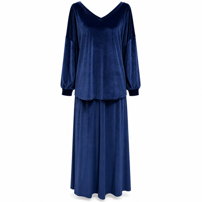 Ensemble deux pièces en velours de couleur unie pour femme, avec sweat à col V profond et coupe ample et jupe longue évasée