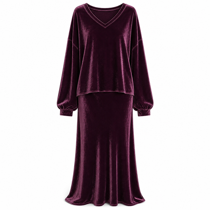 Ensemble deux pièces en velours de couleur unie pour femme, avec sweat à col V profond et coupe ample et jupe longue évasée