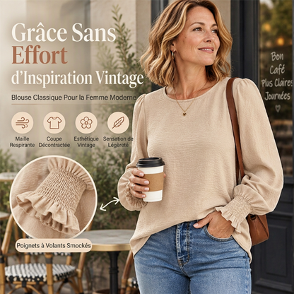 Haut élégant pour femme avec col rond et poignets smockés
