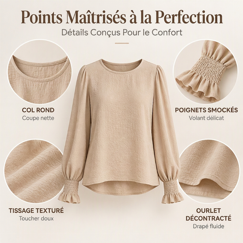 Haut élégant pour femme avec col rond et poignets smockés