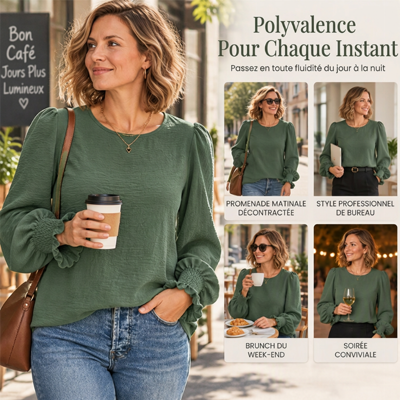 Haut élégant pour femme avec col rond et poignets smockés
