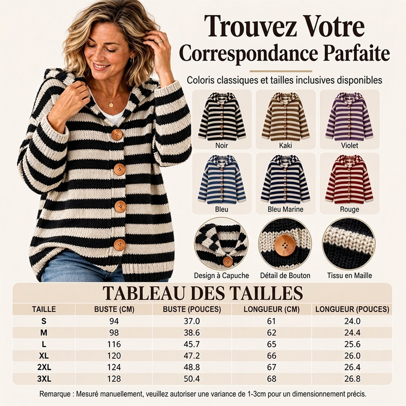 Cardigan en tricot à capuche rayé pour femme