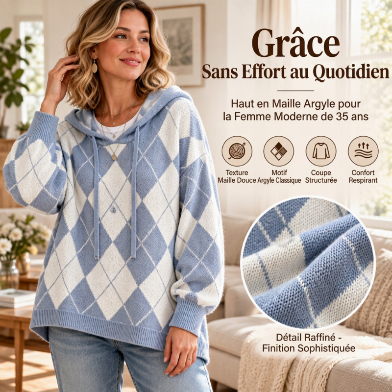 Pull à capuche Argyle décontracté pour femmes